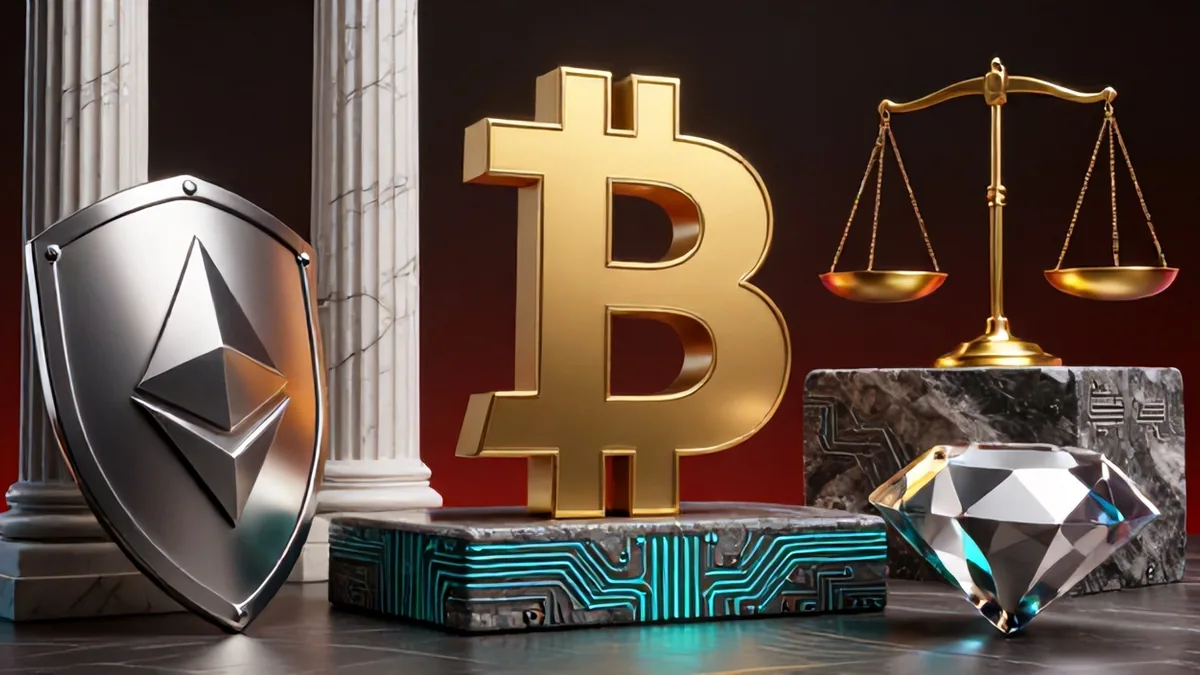 Cinematic editorial illustration of digital regulatory frameworks interacting with tokenized government debt and stablecoin ledgers under dramatic studio lighting.