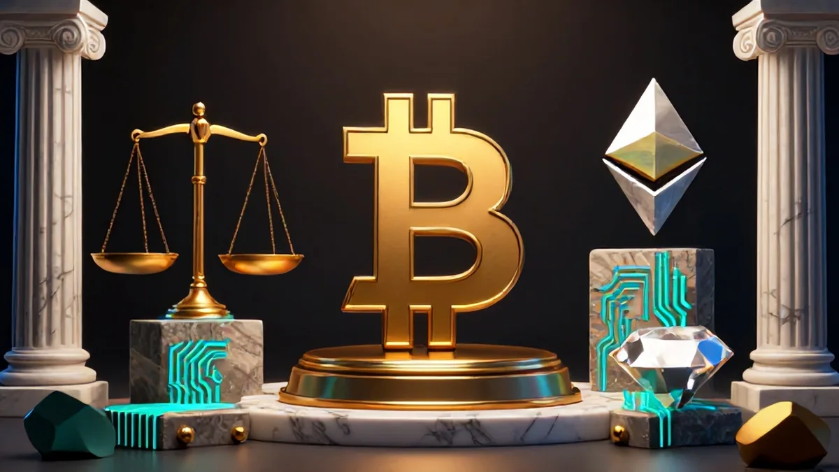 A conceptual editorial rendering showing regulatory scale weights and digital ledger data strands colliding over a modern trading exchange platform