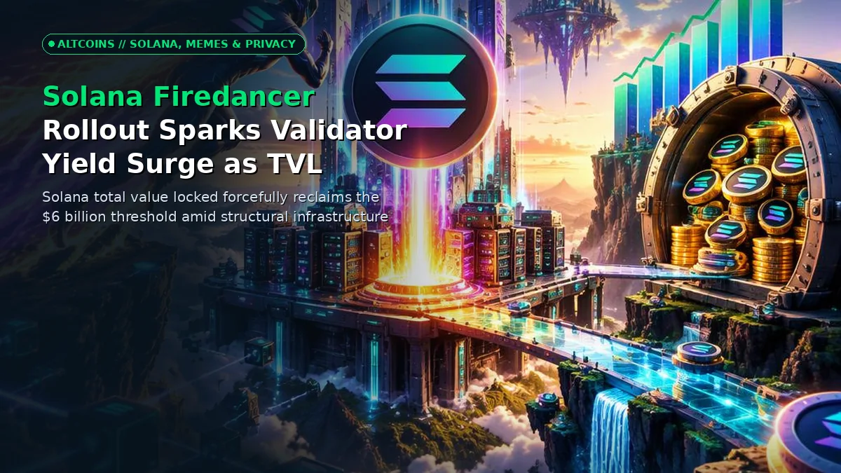 Editorial 3D concept art depicting the Solana Firedancer upgrade and validator yield surge with glowing network lines and a rising TVL chart hitting $6 billion.