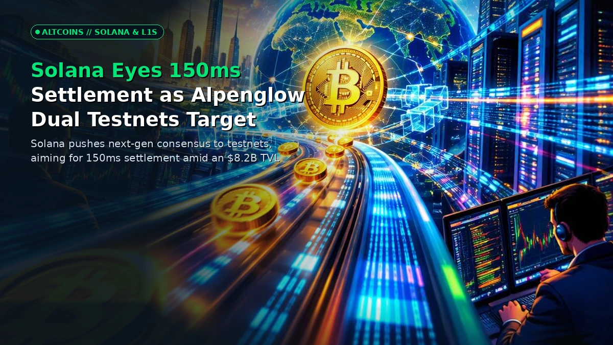 Futuristic 3D visualization of Solana blockchain consensus speeds, featuring high-speed digital data streams and network nodes racing toward a 150ms settlement target.