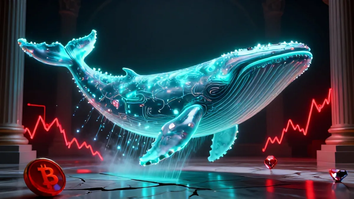 A massive digital whale skeleton constructed from glowing turquoise circuit boards plunging through a fractured marble floor, surrounded by falling red price charts and floating cryptocurrency tokens under dramatic studio lighting.