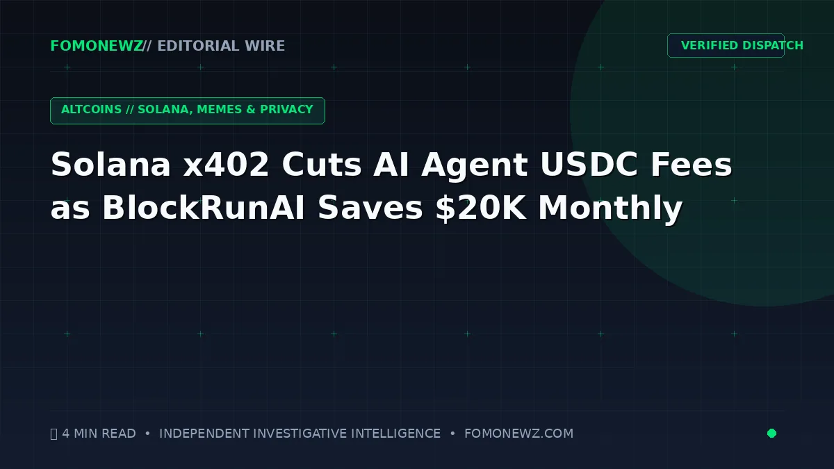 Futuristic 3D visualization of autonomous AI agents interacting with Solana blockchain streams and USDC micro-transaction channels