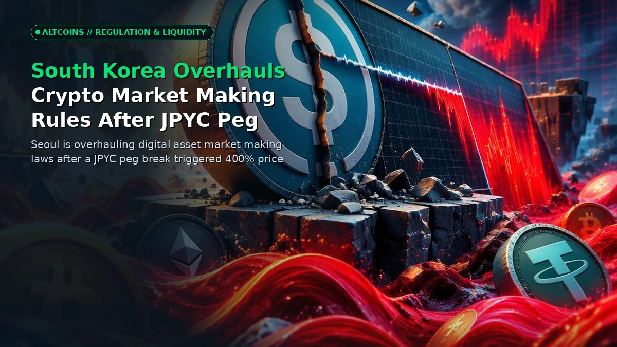 3D render depicting a broken stablecoin peg chart and a red trading graph under South Korean regulatory symbols