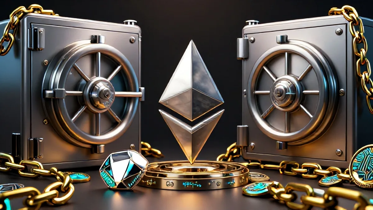Digital illustration of glowing stablecoin vaults locked behind high-tech security barriers under dramatic studio lighting