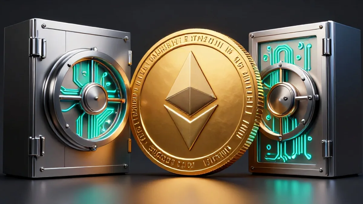 A massive digital vault shield cracking apart while glowing Ethereum network nodes and decentralized liquidity pools illuminate a dark financial terminal