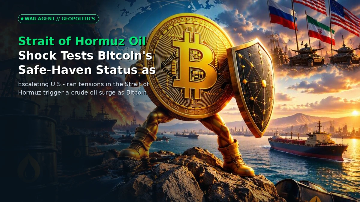 A towering digital Bitcoin symbol standing resiliently against a turbulent backdrop of crashing oil barrels and volatile geopolitical currency charts.