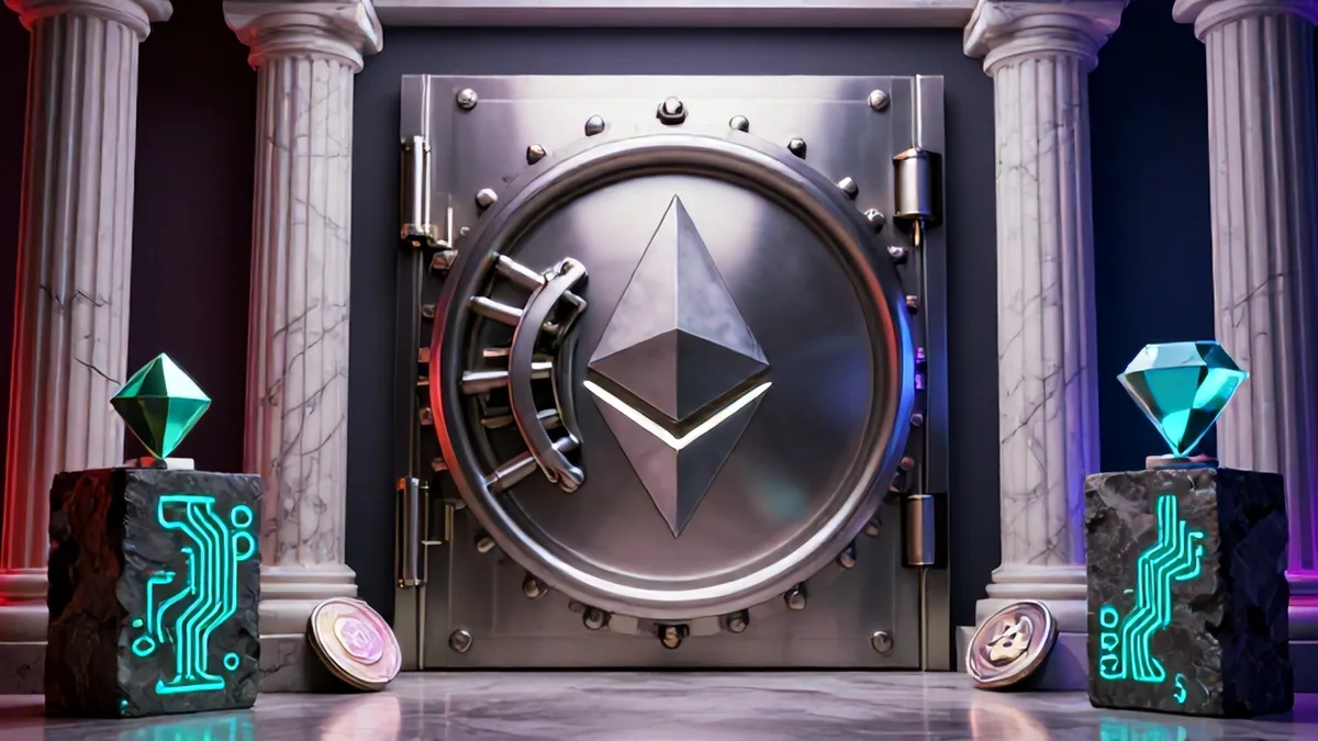 A towering neoclassical vault door made of matte titanium and polished marble, opening to reveal glowing turquoise bitcoin reserves and corporate ledgers in dramatic studio lighting
