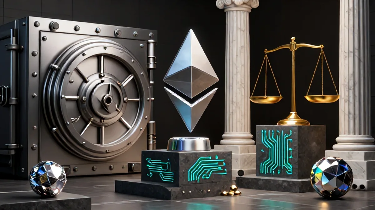 Editorial 3D concept art showing a matte titanium corporate treasury vault alongside glowing physical currency metrics and numerical indicators.