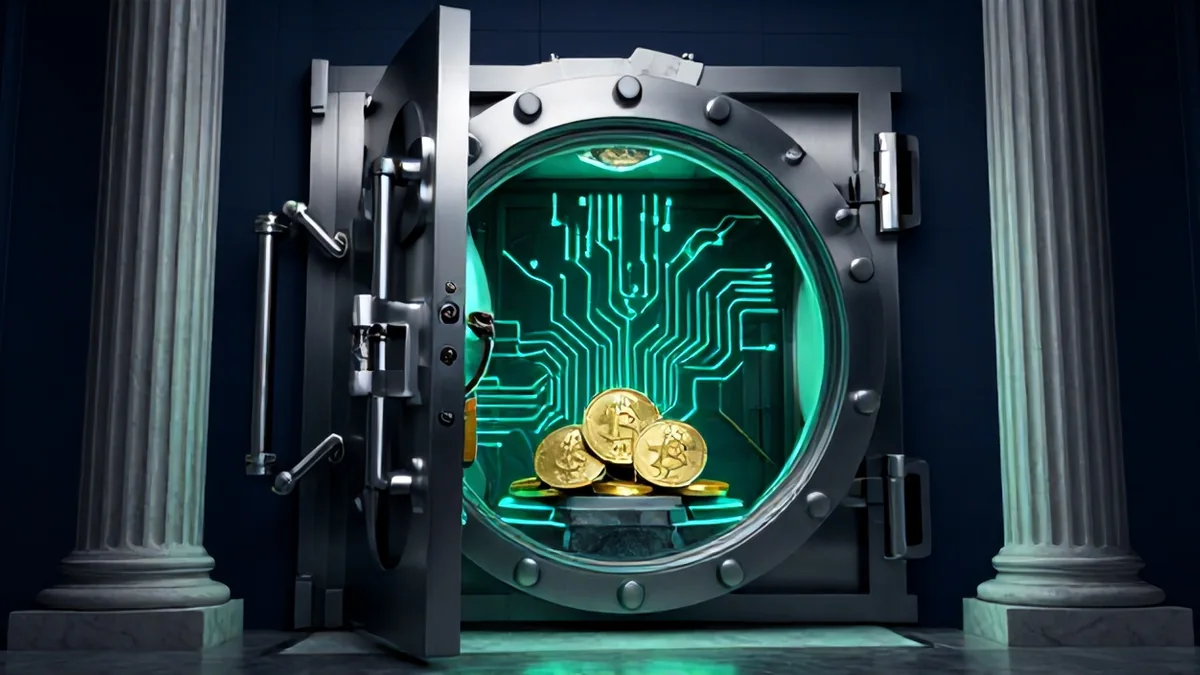 Editorial 3D concept art of a corporate vault filled with gold-embossed Bitcoin medallions next to neoclassical Capitol columns