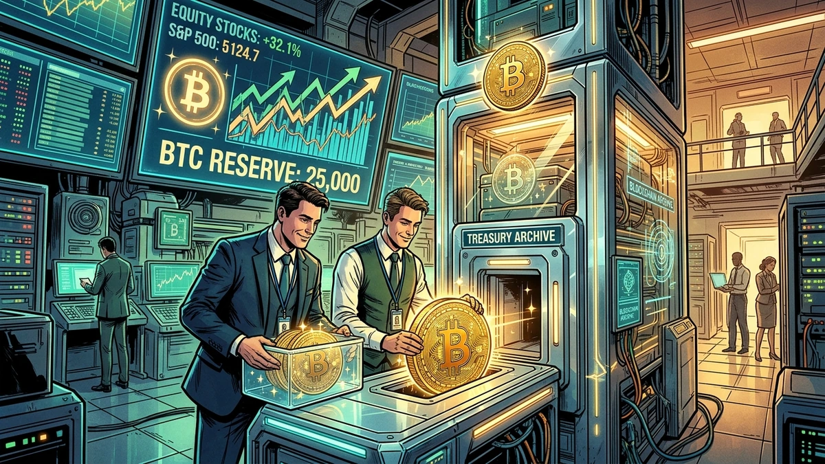 Editorial corporate pop-art collage for Bitcoin: executive silhouette interacting with oversized 3D crypto token against neon sunburst rays