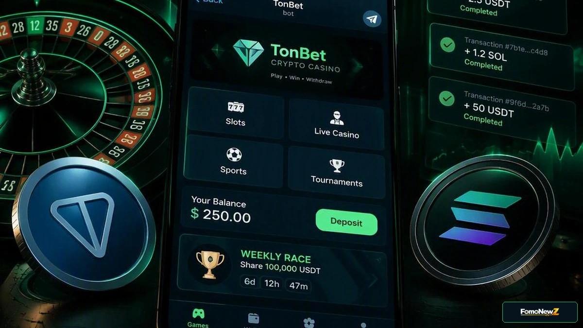 Smartphone display showing a Telegram crypto casino bot interface alongside glowing TON crystal and Solana coin transaction feeds