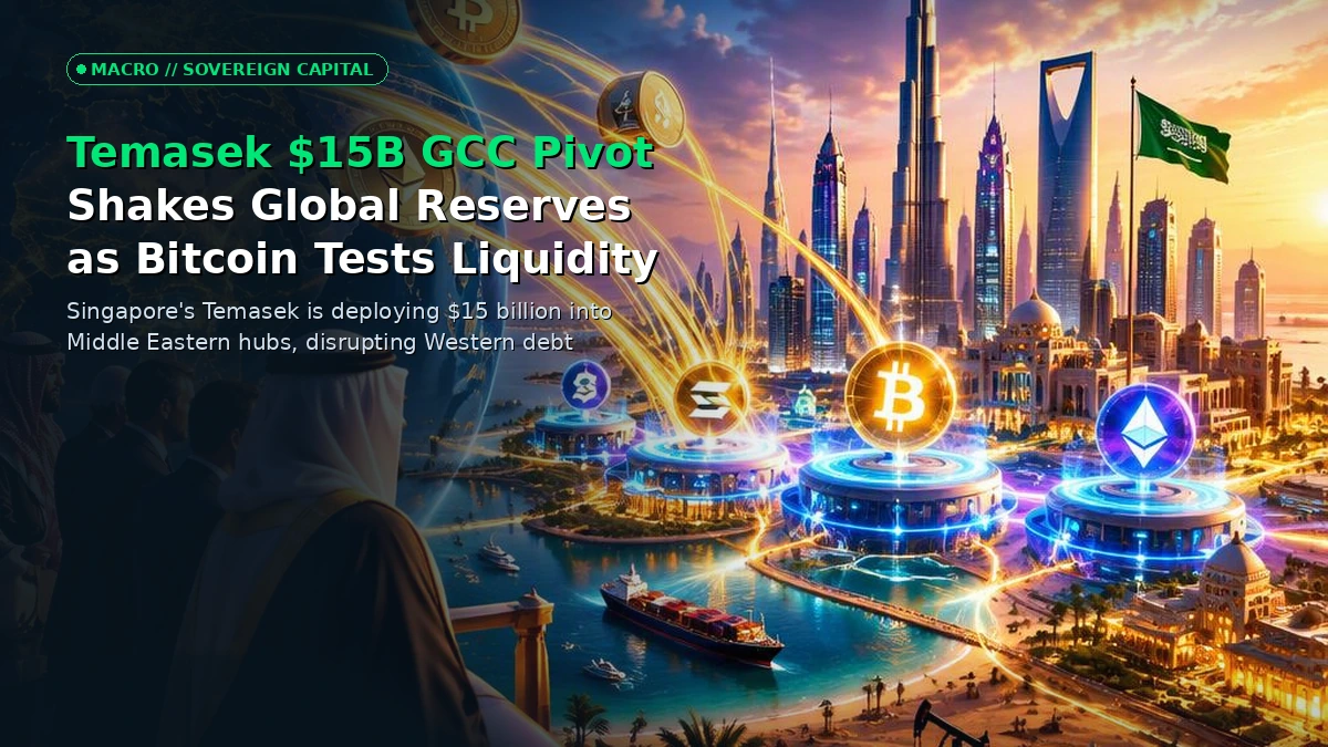 3D editorial illustration of sovereign wealth fund capital flows shifting between Singapore, Riyadh, and Abu Dhabi with glowing liquidity charts and Bitcoin network nodes.