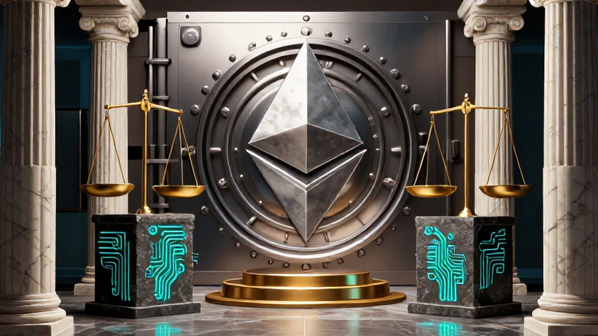 3D editorial concept art showcasing matte titanium corporate vaults and glowing Bitcoin symbols resting on neoclassical marble columns