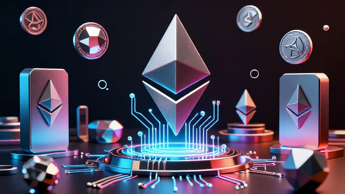 Editorial 3D concept art of futuristic corporate skyscrapers entwined with digital Bitcoin symbols and glowing energy pathways.