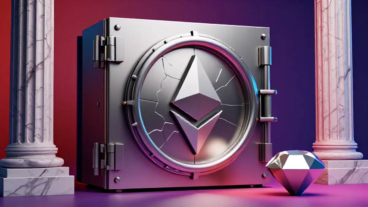 3D editorial illustration of frozen digital vault doors cracking under severe pressure with cryptographic streams fracturing into neon fragments.