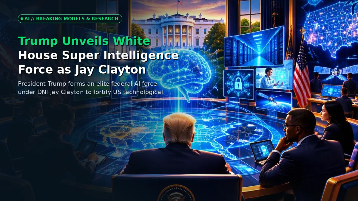 Cinematic illustration of the White House with a glowing digital network overlay representing the new Super Intelligence Force.
