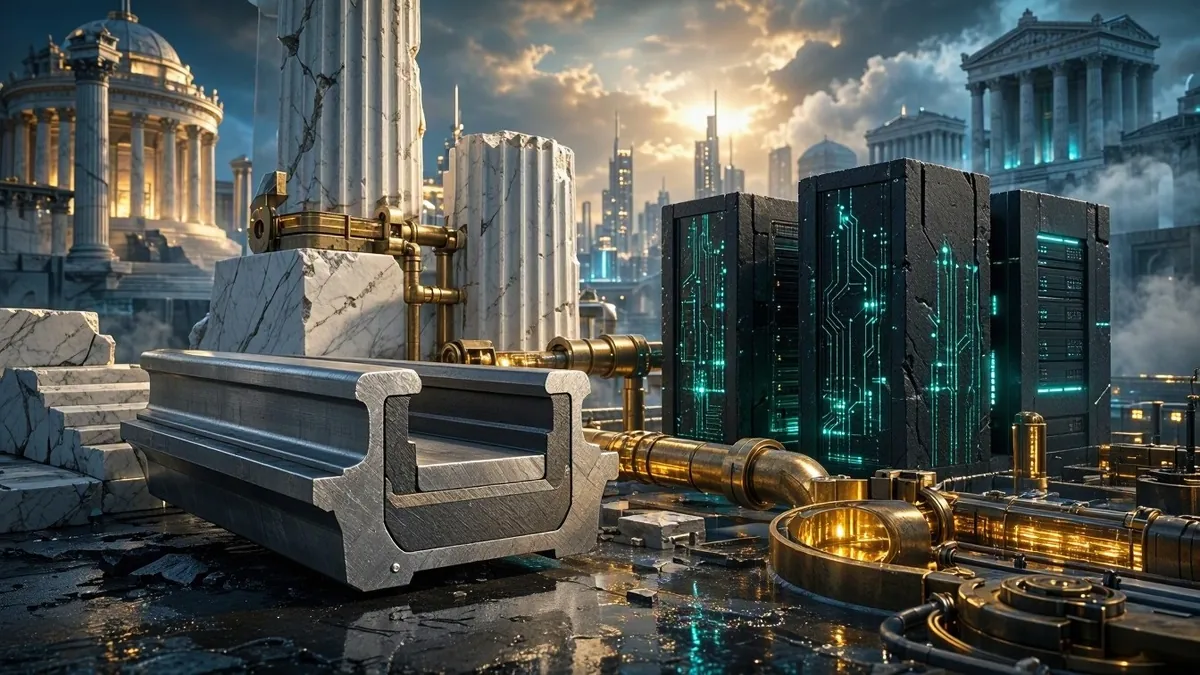 Cinematic editorial illustration of desert sovereign wealth capital meeting high-performance computing infrastructure across mountain trade routes.