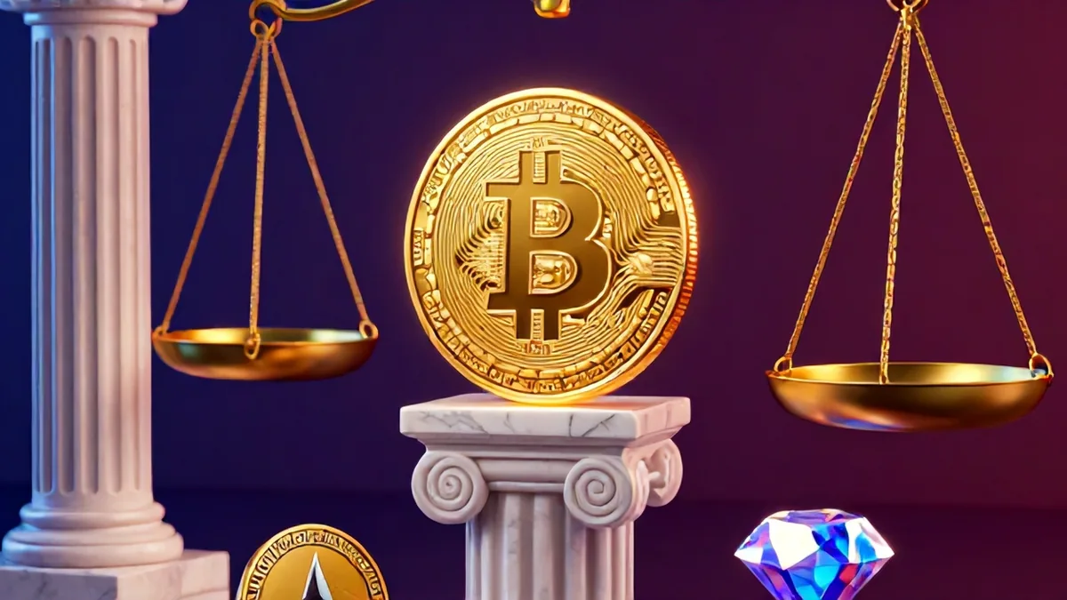 Editorial illustration of a glowing Bitcoin resting on marble columns with financial charts diverging toward Asian and Middle Eastern financial hubs.