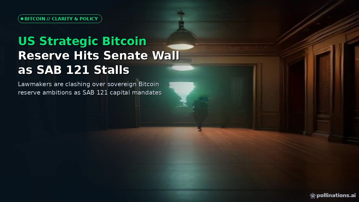US Capitol building silhouetted against a glowing Bitcoin symbol and institutional banking network grid lines