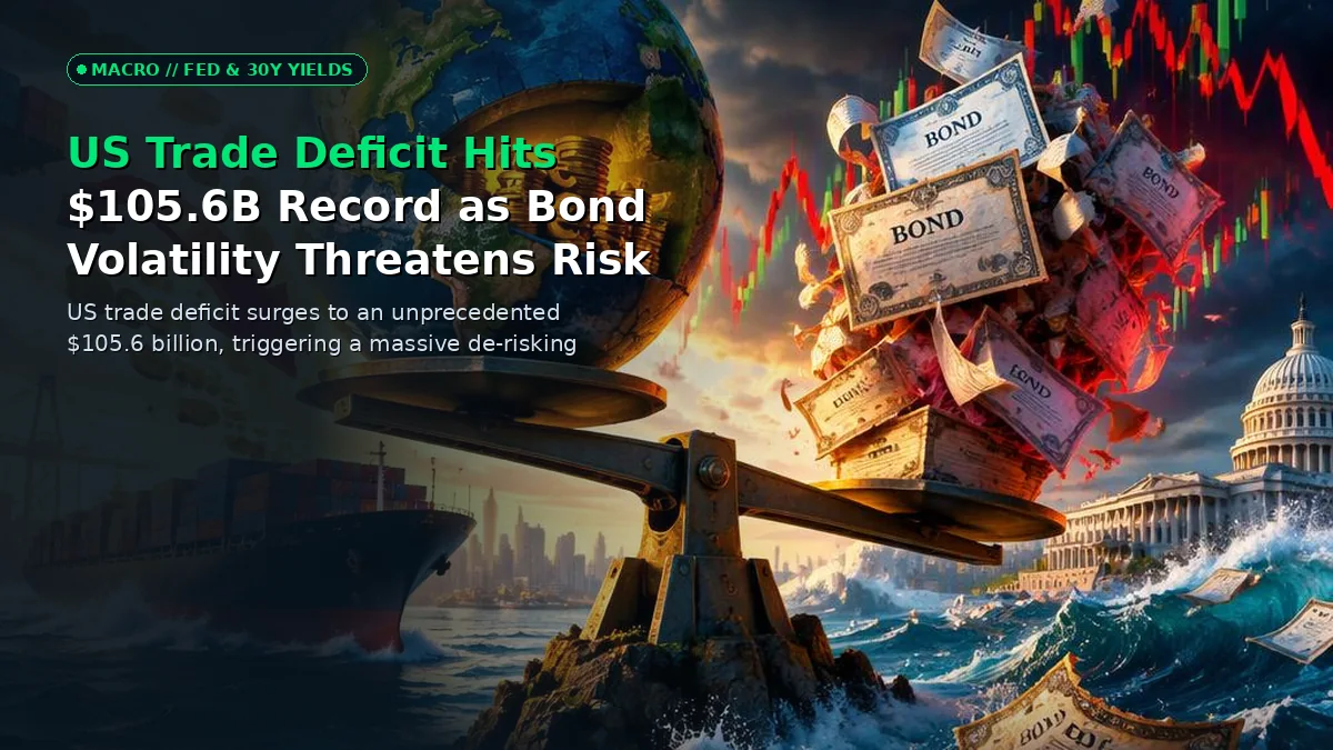 3D editorial illustration showing a widening economic chasm and rising treasury yield charts against a volatile stock market background