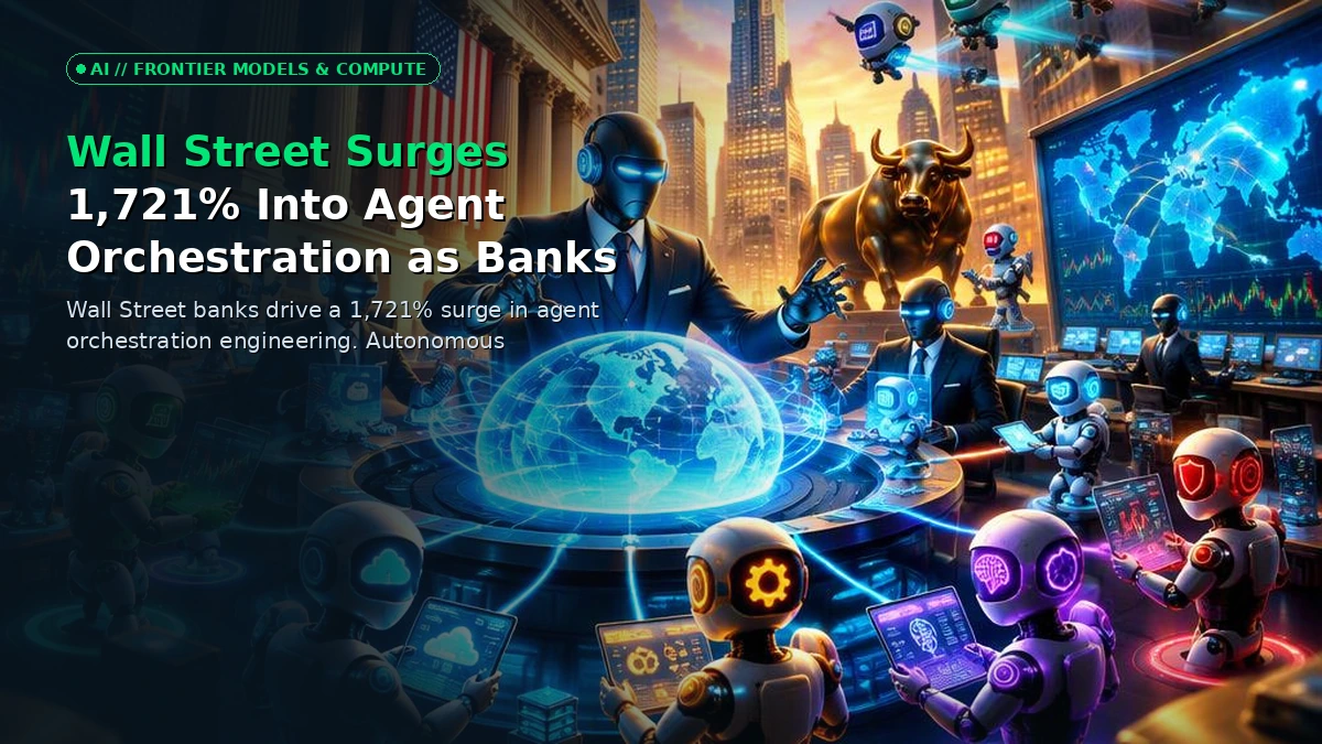 A futuristic trading floor on Wall Street displaying glowing autonomous AI agent orchestration networks and multi-agent data streams.