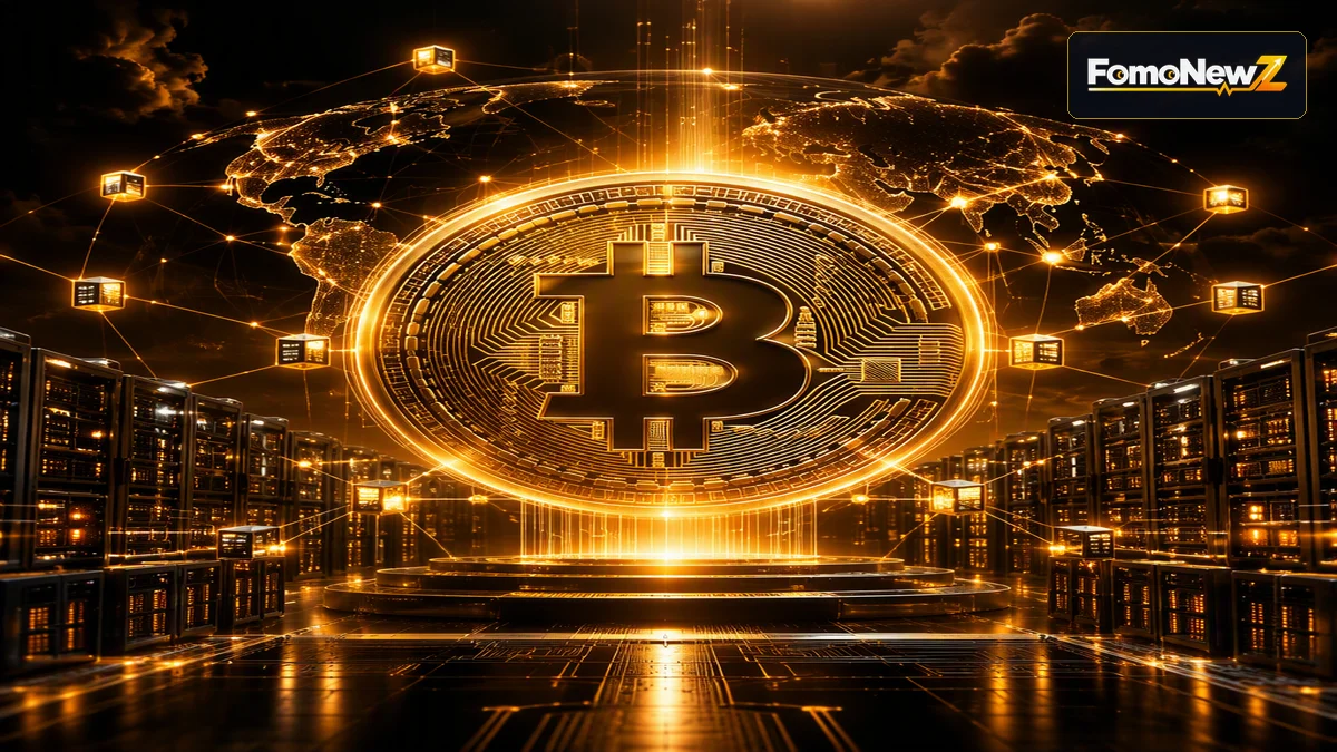 Diagram illustrating Bitcoin peer-to-peer network nodes, blockchain ledger blocks, and UTXO transaction verification