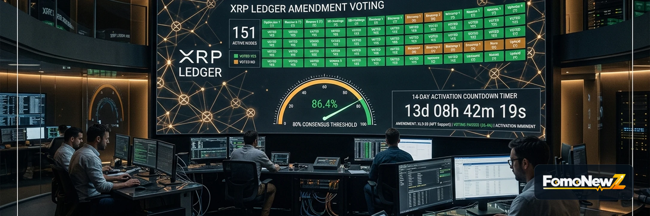 XRP Ledger consensus voting dashboard showing validator flag ledgers, majority thresholds and 14-day amendment activation countdown