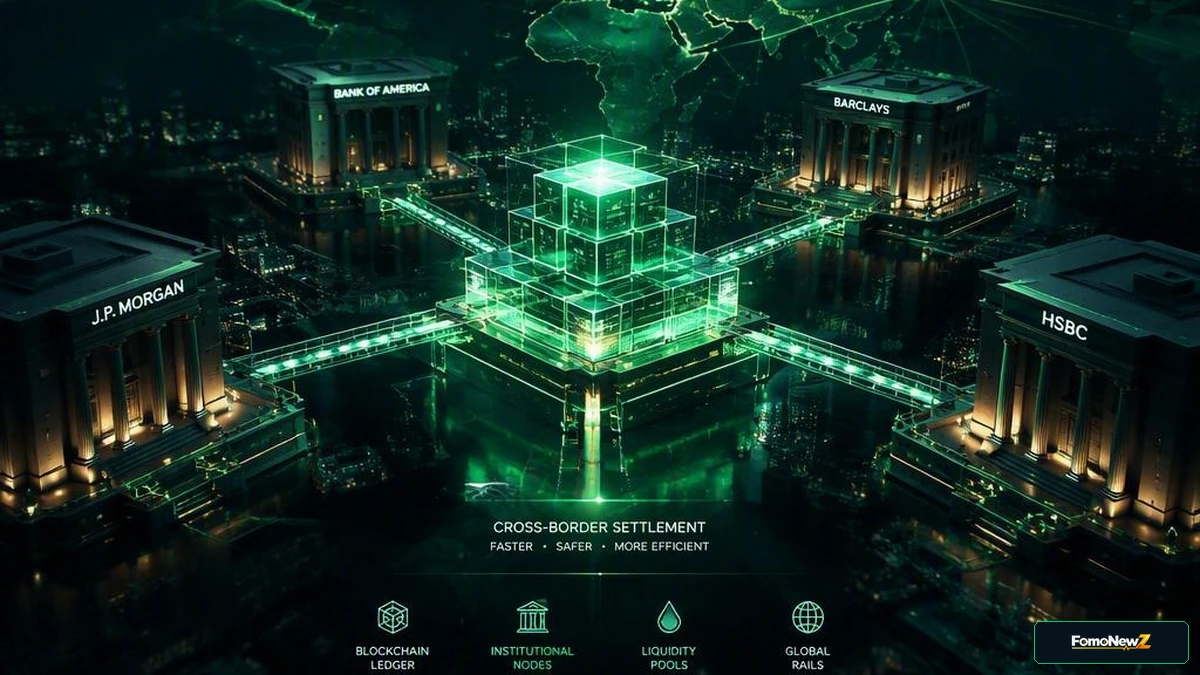 Abstract visualization of glowing blockchain data streams and institutional banking infrastructure against a dark financial backdrop