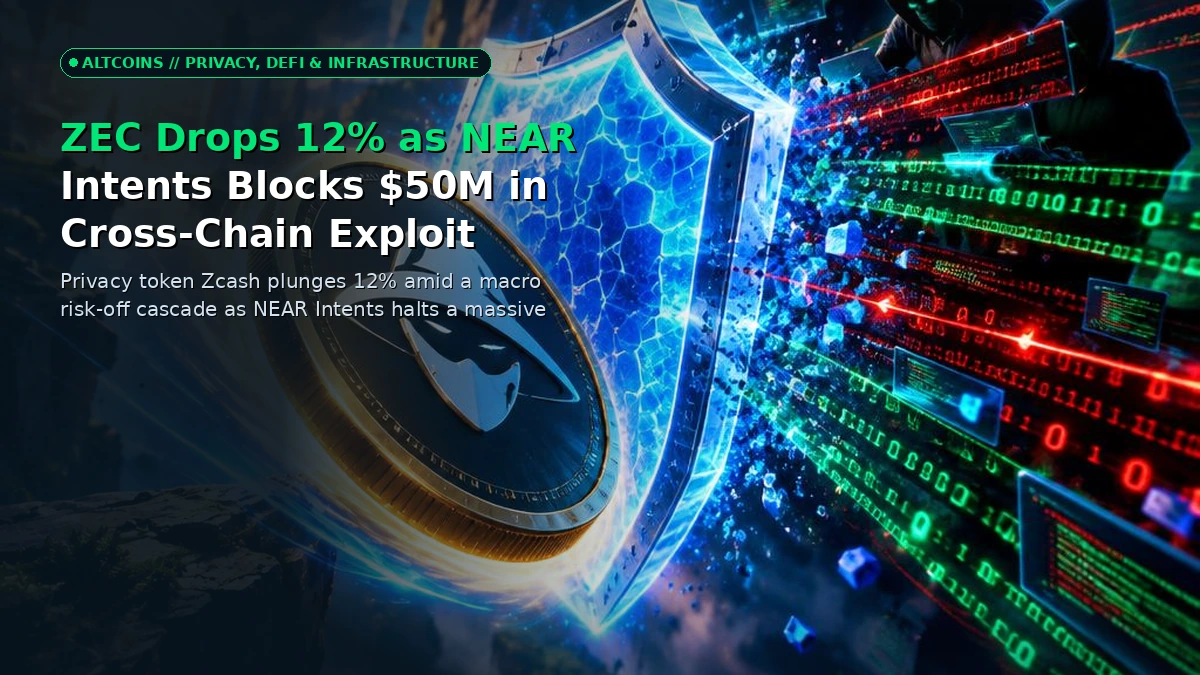 Abstract 3D rendering of privacy tokens plummeting alongside secure cross-chain data shields blocking malicious network intrusions.