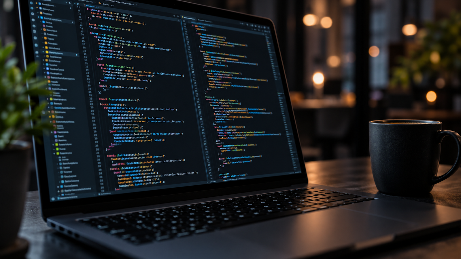A modern developer workstation with dual monitors displaying TypeScript AST syntax trees and benchmark analytics