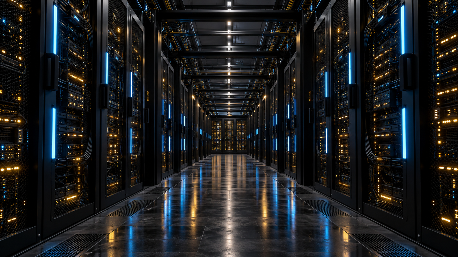 A dark server rack room illuminated by blue and amber LED data center lights