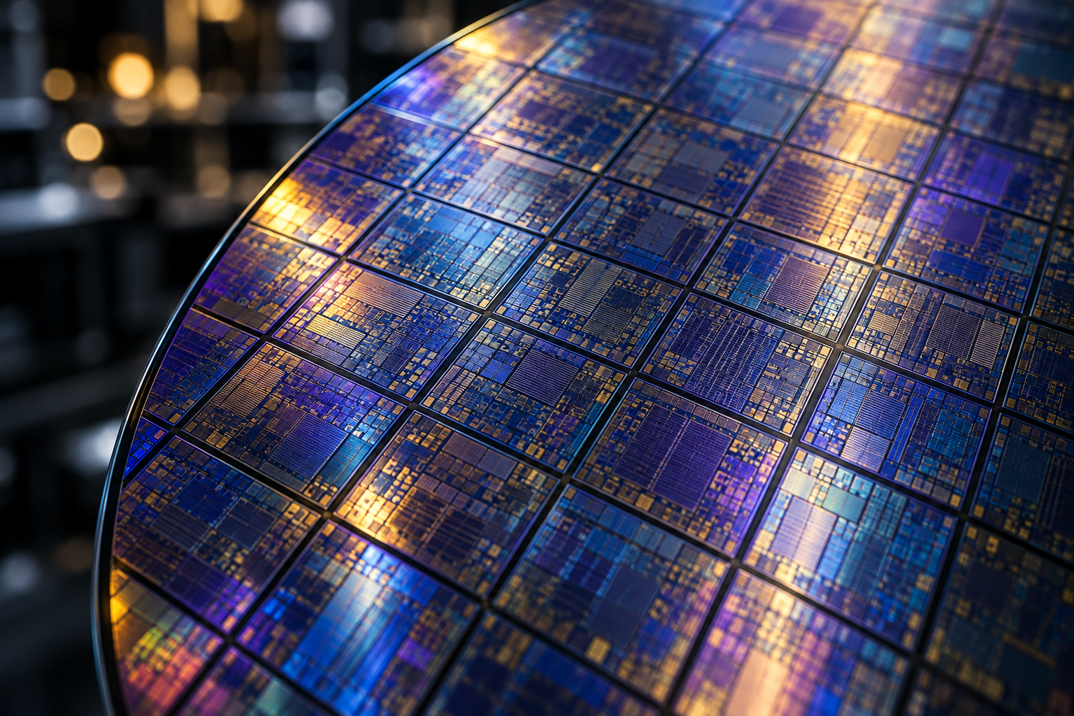 A macro close-up of a complex circular silicon wafer showcasing microchip lithography circuitry