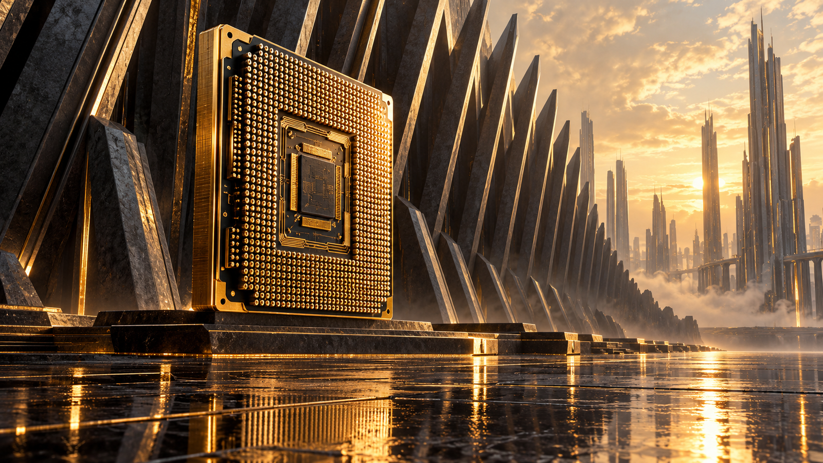 A golden processor set among dark architectural towers at sunrise representing frontier autonomous compute