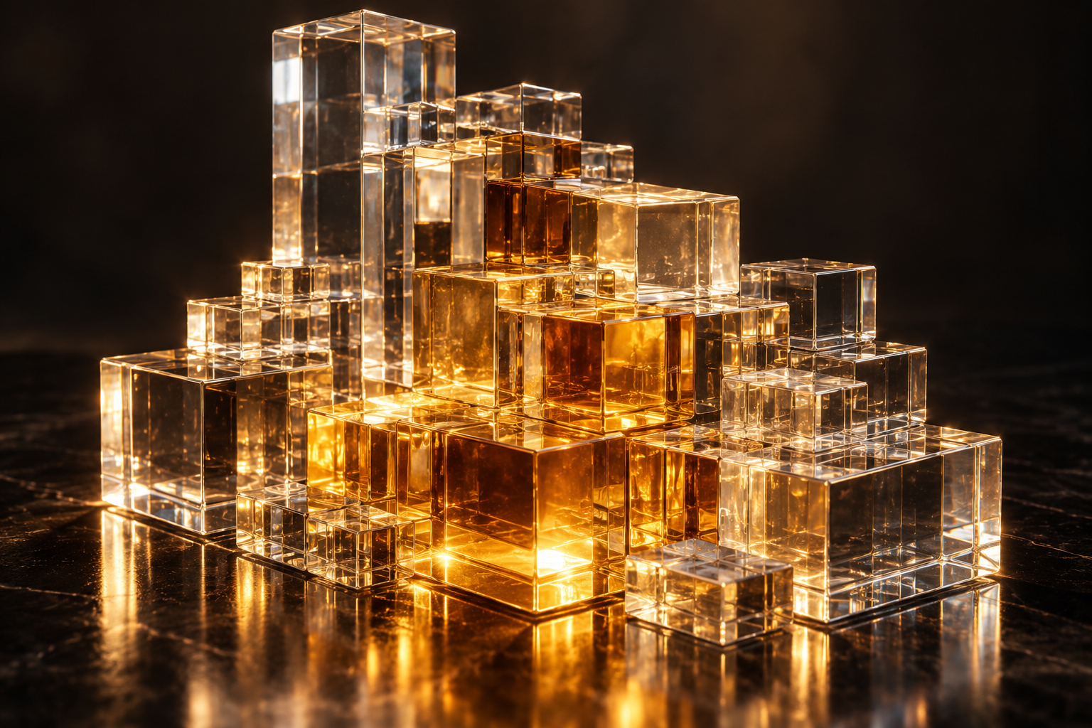 Geometric glowing crystalline blocks illustrating open modular neural network architectures