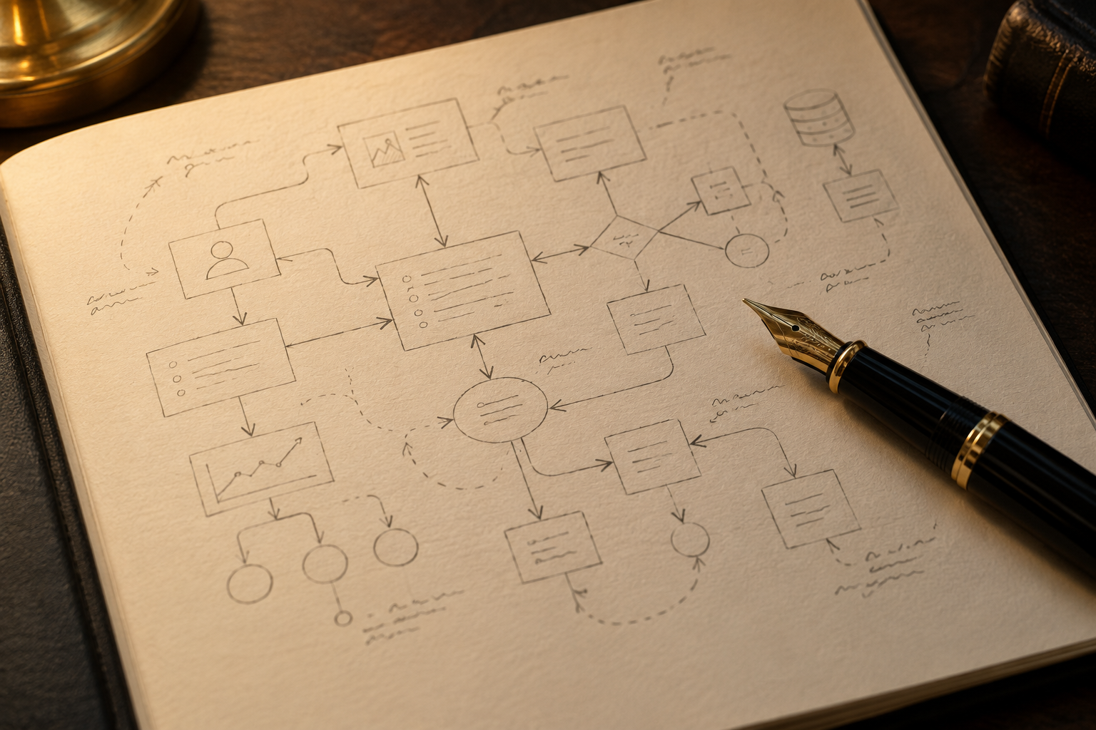 A hand-drawn technical flowchart and architectural execution schema on an engineering desk