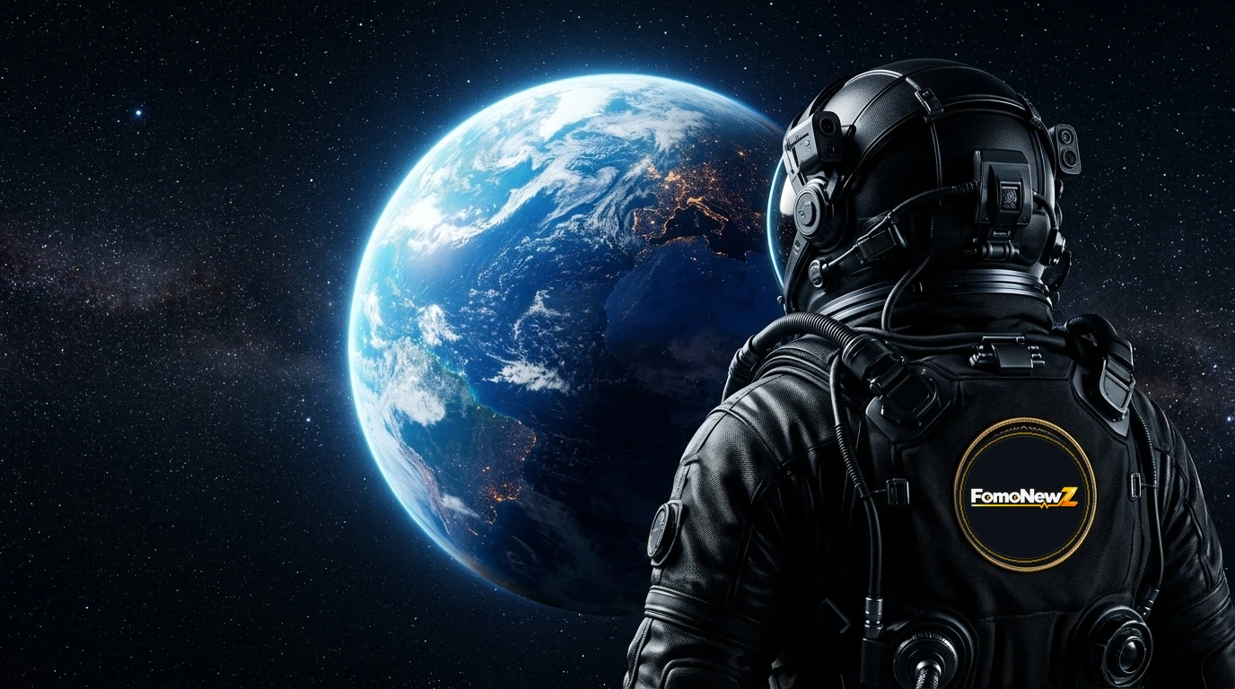 Astronaut with FomoNewZ mission badge overlooking Earth from space